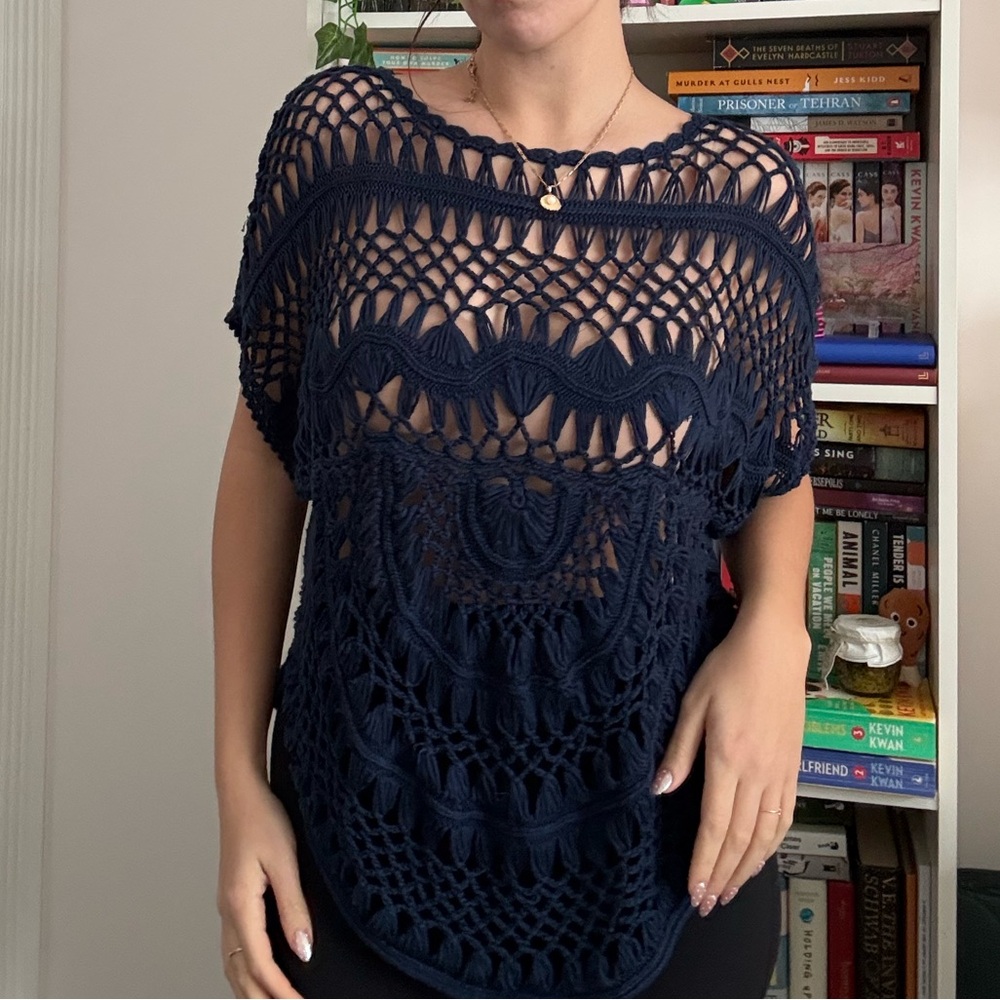 Garage Navy Crochet Open Knit Top
